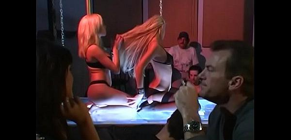  Two blond sluts licking their wet cunts on the dancing floor at strip club